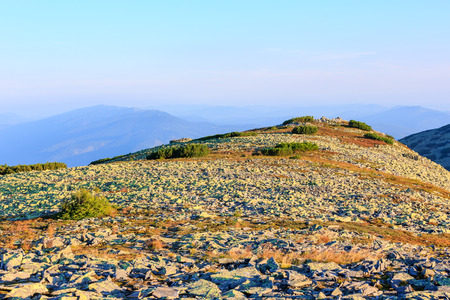 Summer morning Carpathian mountain top view from stony summit of Ihrovets Mount (Gorgany, Ukraine).の写真素材
