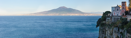 View from Sorrento town on Naples coast and Mount Vesuvius. Sea coastline panorama (Italy). の写真素材
