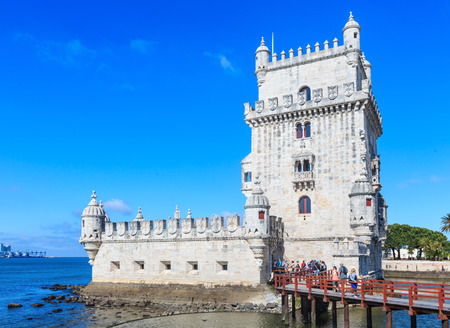 Lisbon, PORTUGAL -  MAY 18, 2016: Belem Tower (or the Tower of St Vincent) on bank of Tagus River in Lisbon, Portugal. Built between 1515-1521 by Francisco de Arruda.のeditorial素材