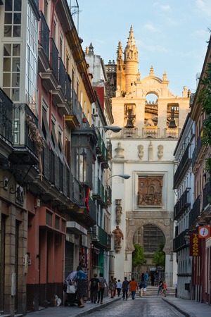 SEVILLE, SPAIN -  MAY 26, 2016: Evening Seville city street view, Andalusia,  Spain.のeditorial素材