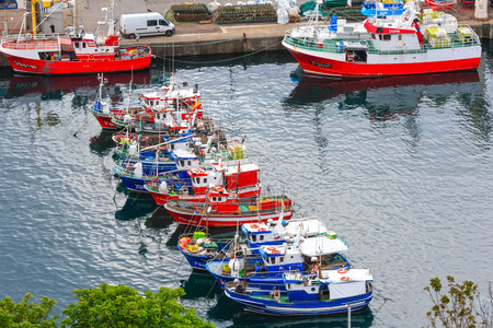 LUARCA, SPAIN -  MAY 10, 2016: Colorful boats in fishing port, Luarca, Asturias, Spain.のeditorial素材