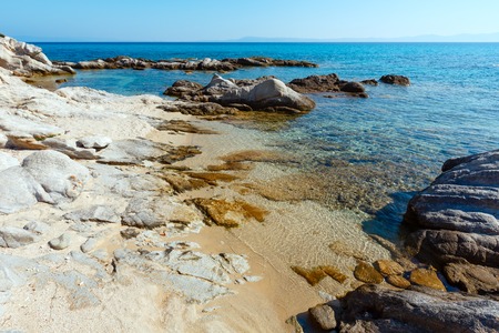 Summer morning Sithonia rocky coast landscape (Chalcidice, Greece).の写真素材