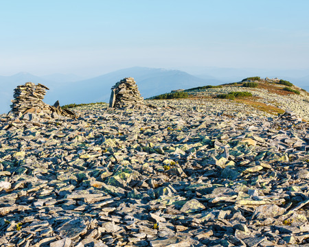 Summer morning Carpathian mountain top view from stony summit of Ihrovets Mount (Gorgany, Ukraine).