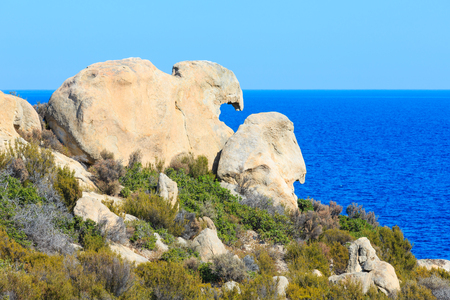 Summer Aegean sea coast landscape with interesting boulders (Halkidiki, Sithonia, Greece).の写真素材