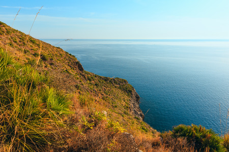 Paradise sunrise sea landscape from coastline trail of Zingaro Nature Reserve Park, between San Vito lo Capo and Scopello, Trapani province, Sicily, Italyの写真素材