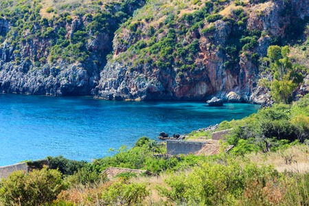 View to sea bay from coastline trail of Zingaro Nature Reserve Park, between San Vito lo Capo and Scopello, Trapani province, Sicily, Italyの写真素材
