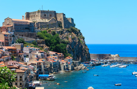 Summer Tyrrhenian Sea coast and beautiful Scilla town view, Calabria, Italy. People unrecognizable.の写真素材