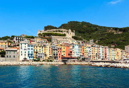 Beautiful medieval fisherman town of Portovenere view from sea (near Cinque Terre, Liguria, Italy).のeditorial素材