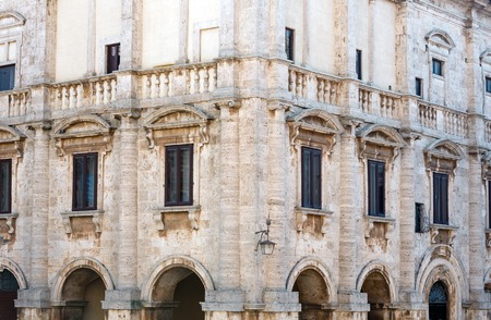 Montepulciano main square Piazza Grande with Palazzo Tarugi. Province of Siena, Tuscany, Italy.の写真素材