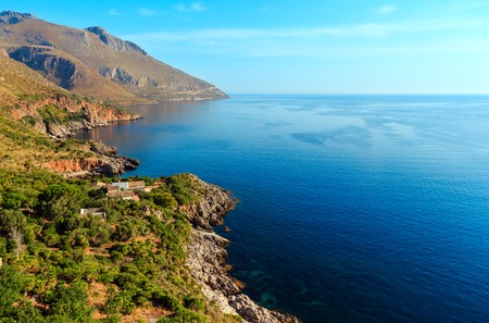 Paradise sea landscape from coastline trail of Zingaro Nature Reserve Park, between San Vito lo Capo and Scopello, Trapani province, Sicily, Italyの写真素材