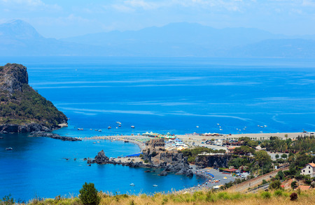 Beautiful Calabrian Tyrrhenian sea coastline landscape, small rocky island Isola di Dino and Torre di Fiuzzi, Praia A Mare, Calabria, Italyの写真素材