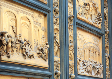 Doors Gates of Paradise by Lorenzo Ghiberti, Baptistery of St. John. Cathedral of Santa Maria del Fiore (Duomo di Firenze). Florence the capital city of Tuscany region, Italy.の写真素材