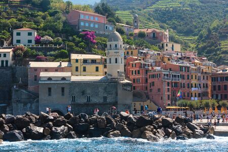 VERNAZZA, ITALY - JUNE 26, 2017: Beautiful summer one of five famous villages of Cinque Terre National Park in Liguria, Italy, suspended between Ligurian sea and land on sheer cliffs.のeditorial素材