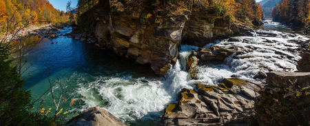 Probiy waterfall on the Prut River, in Yaremche City, Ivano-Frankivsk Oblast, Ukraine. Autumn landscape. High-resolution panorama.の写真素材