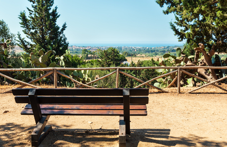 Sea view from cypress avenue in famous ancient ruins in Valley of Temples, Agrigento,の写真素材