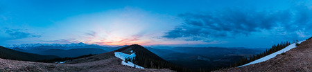 Colorful sunset twilight landscape in spring Carpathian mountains, Ukraine, Europe. High-resolution stitch panorama image.の写真素材