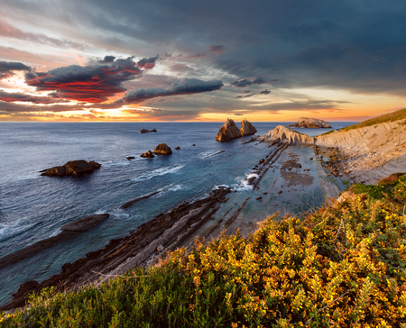 Blossoming Arnia Beach, Spain. Atlantic Ocean evening coastline landscape.の写真素材