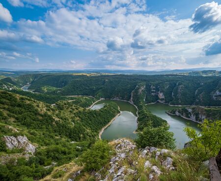 Beautiful summer top view of the Uvac River canyon meanders, Serbia.の写真素材