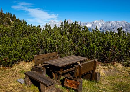Peaceful sunny day autumn Alps mountain view. Reiteralm, Steiermark, Austria.の写真素材