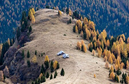 Autumn evening alpine Dolomites mountain scene from hiking path betwen Pordoi Pass and Fedaia Lake, Trentino, Italy. Picturesque traveling, seasonal, nature and countryside beauty concept scene.の写真素材