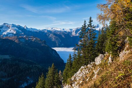 Autumn Alps mountain misty morning view from Jenner Viewing Platform