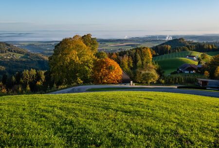 Peaceful autumn sunrise rural view, Gmundnerberg, Altmunster am Traunsee, Upper Austria.の写真素材