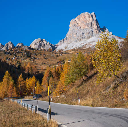 Italian Dolomites mountain peaceful sunny view from Giau Pass. Picturesque climate, environment, nature beauty and travel concept scene.の写真素材