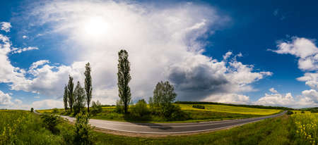 Road thrue spring rapeseed yellow blooming fields panoramic view, blue sky with clouds and sunshine....