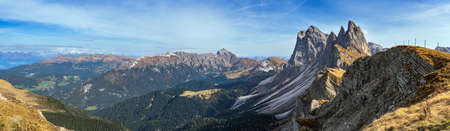 Picturesque autumn Alps mountain scene, famous italian Dolomites Seceda majestic rock, Sass Rigais,...