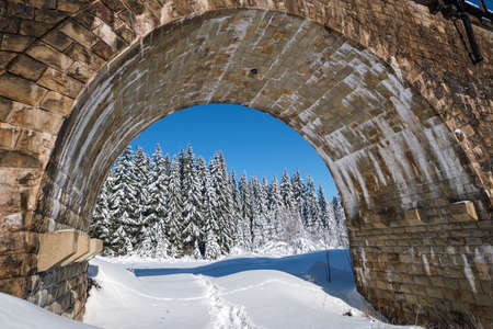 Stone viaduct (arch bridge) on railway through mountain snowy fir forest. Snow drifts  on wayside and hoarfrost on trees and electric line wires.の写真素材
