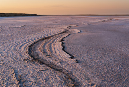 Sunset on the Genichesk pink extremely salty lake (colored by microalgae with crystalline salt...