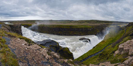 Picturesque full of water big waterfall Gullfoss autumn view, southwest Iceland.の写真素材
