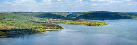 Amazing spring view on the Dnister River Canyon, Bakota Bay, Chernivtsi region, Ukraine.の写真素材