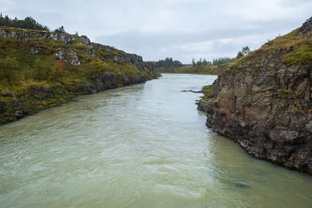 Hrutey island public park near Blonduos town, North-West of Iceland. View during auto trip by Ring...