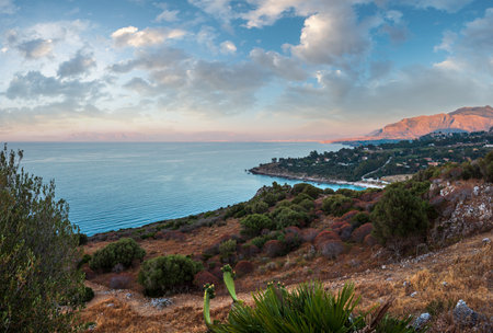 Evening twilight sea landscape of Zingaro Nature Reserve Park, between San Vito lo Capo and Scopello, Trapani province, Sicily, Italy.の写真素材