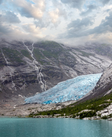 Summer overcast view to Nigardsbreen Glacier, Jostedal, Norwayの写真素材