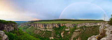 Spring cloudy view of Bakhchisaraj town environs (Chufut Kale, Crimea, Ukraine)の写真素材