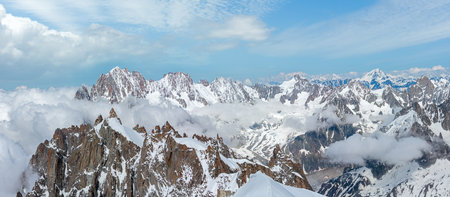 Mont Blanc rocky mountain massif summer view from Aiguille du Midi Mount, Chamonix, French Alps