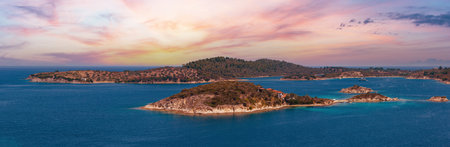 Beautiful summer Aegean Sea coast landscape (near Lagonisi , Sithonia, Halkidiki, Greece). People...
