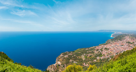 Summer picturesque Tyrrhenian sea Calabrian coast view from Monte Sant'Elia (Saint Elia mount, Calabria, Italy) top.の写真素材
