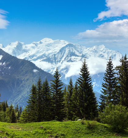 Mont Blanc mountain massif (Chamonix valley, France, view from Plaine Joux outskirts).の写真素材