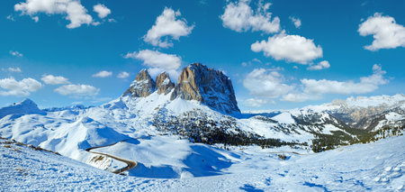 Beautiful winter mountain landscape with road (Sella Pass , Italy).の写真素材