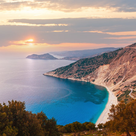 Evening summer coastline landscape (Myrtos beach, Kefalonia, Greece).