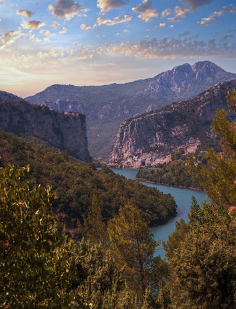 View from one of most beautiful roads in Albania along the Shkopet Lake precipitous Ñoast. Lake Ulza Nature Park, Diber County, Balkan mountains, Albania, Europe.の写真素材