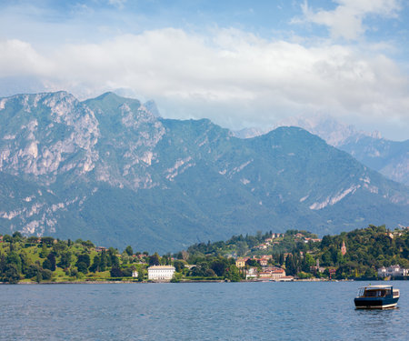 Lake Como summer shore view from ship board, Italyの写真素材