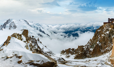 Mont Blanc rocky mountain massif summer view from Aiguille du Midi Mount, Chamonix, French Alpsの写真素材