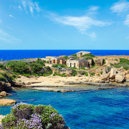 Spiaggia Massolivieri beach summer sea landscape and ruins (Siracusa, Sicily, Italy).の写真素材