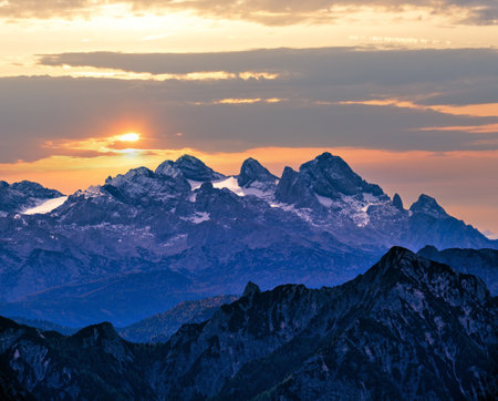 Picturesque autumn Alps mountain view from Schafberg viewpoint, Salzkammergut, Upper Austria.の写真素材