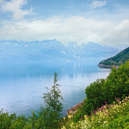 Cloudy summer view over Glomfjorden, Nordland, Norwayの写真素材