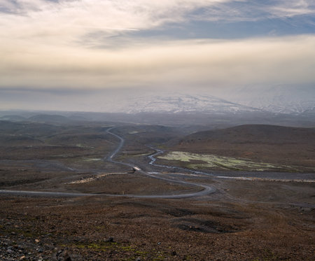 Autumn mountain views along the Kjolur Highland Road F35, Iceland, Europe. Autumn snowstorm beginning.の写真素材